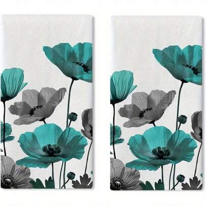 2pcs  Teal Grey Poppy Flower Kitchen Dish Towels - Modern Turquoise Floral Design, Durable Polyester, Machine Washable, Perfect For Baking, Cooking, And Bathroom Decor, Spring Summer Home Decoration, Kitchen Towels, Tea Towel, Turquoise Dish Cloth, Kitchen Towel For Drying Dish, Turquoise Flower Hand Towel, Kitchen Towel
