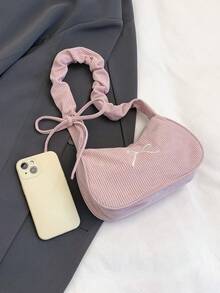 1pc Solid Color Corduroy Material Zipper Closure Fashionable Shoulder Handbag - Watermelon Pink - View 5