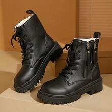 Super Warm Winter Boots - Non-Slip Thick Sole, Polar-Grade Warmth, Low Heel, Round Toe, Solid Color Simple Design, Suitable For Outdoor Hiking, Artificial Leather Upper, PU Sole, Fabric Lining, Hiking Boots - 漆黑色 - 查看 3