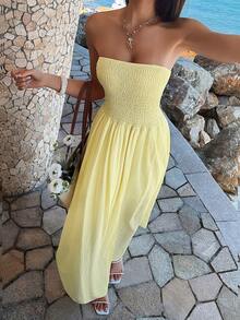 PoPoHouse 女士优雅浪漫褶皱性感修身无肩带黄色长裙，适合情人节约会、日常休闲、海滩旅行、婚礼派对、春夏穿着。 - 黃色 - 查看 11