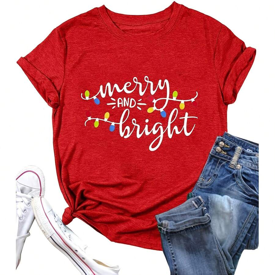 DESFSE Merry Christmas Shirts For Women Christmas Short Sleeve Tshirt Xmas Buffalo Plaid Tree Cute Graphic Print  Tops All Seasons,220g Pure Cotton Single-Sided Printed Crew Neck Short-Sleeved T-Shirt,Unisex Top,Base Layer - 顏色1 - 查看 1