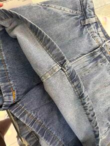 Short saia cargo Jeans Cintura Alta Femininas jeans sem esticar short saia com bolso100% algodão - Lavagem Média - Visão 5