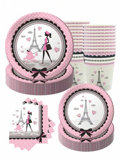 10pcs Valentine's Day Paris Eiffel Tower Tableware Set Paris Theme Tableware Set Paris Theme Birthday Party Supplies Include 7/9 Inch Plates, 9 Ounce Cups, Napkins, Birthday Parties, Bachelor Parties, Outdoor Picnics, Camping, Spring Events, Anniversaries, New Year's Parties, Holiday Party Supplies