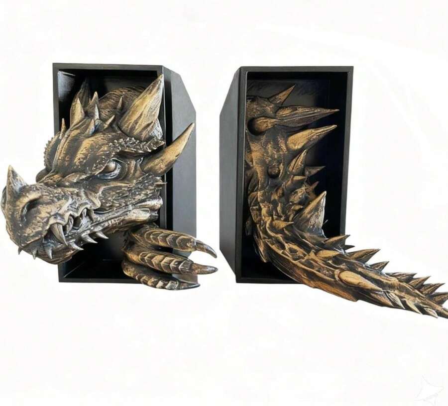 Dragon Bookshelf Decor Gothic Fantasy Bookends Black Animal Statues For Shelves Book Lovers Gifts Unique Resin Shelf Holder Set (10"*61"*49") Home Office Decorative - ColorA - 查看 1