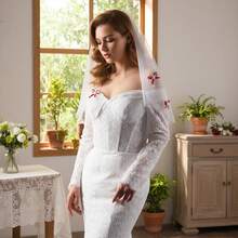 1pc Double Layer Red Heart & Bow Tulle Bridal Veil, Wedding, Valentine's Day, Marriage Registration Headpiece - Multicolor - View 2