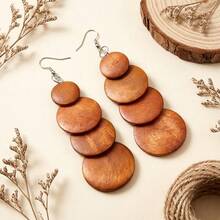 1对棕色木质几何圆形耳环，复古木质圆链耳环，铁质耳钩，女士时尚首饰套装，适合日常佩戴和送礼，四季皆宜的配饰，女士时尚首饰 - 棕色 - 查看 3
