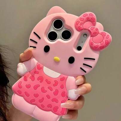 SANRIO 1pc  Brand Cute Fashionable Pink Leopard Bow  3D Silicone Waterproof Shockproof Phone Case, Compatible With Apple 17 Series, 11/12/12 Pro, 13/14/15, 13 Pro/14 Pro/15 Pro, 12 Pro Max/13 Pro Max/14 Pro Max/15 Pro Max, 16, 16 Pro, 16 Pro Max, 17, 17 Pro, 17 Pro Max