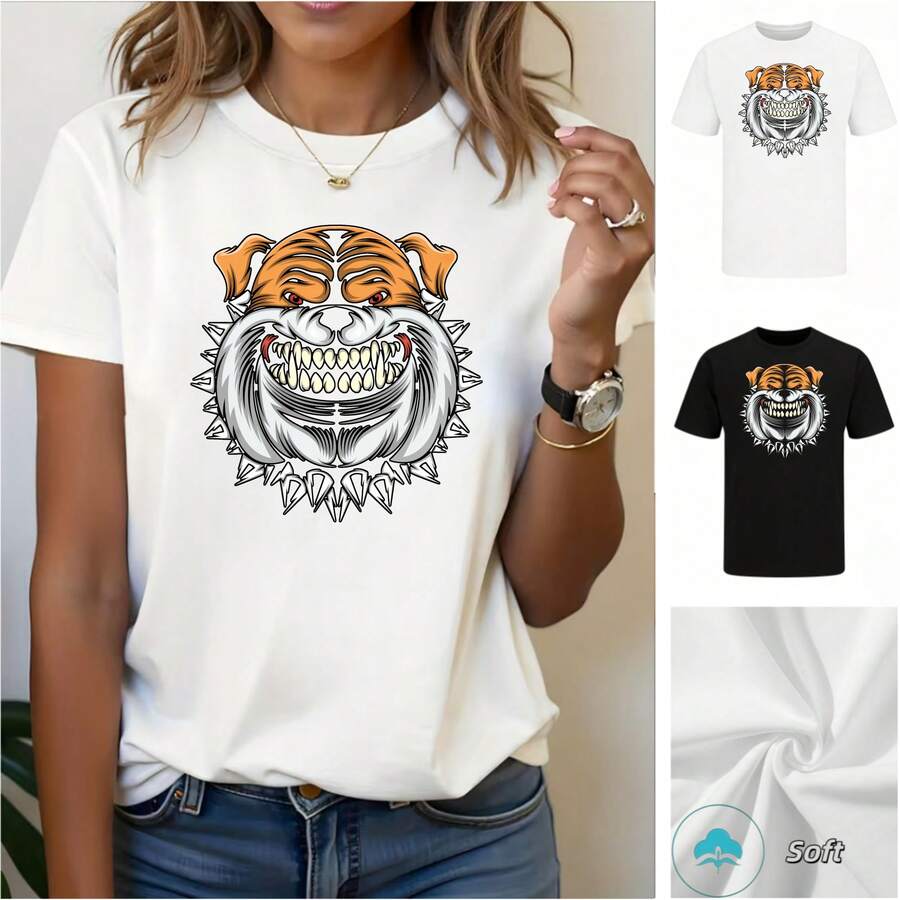 Camiseta de punto suave con cara de tigre de estilo minimalista fresco y dientes afilados para trabajo, fin de semana, casual, unisex - Blanco - Ver 1