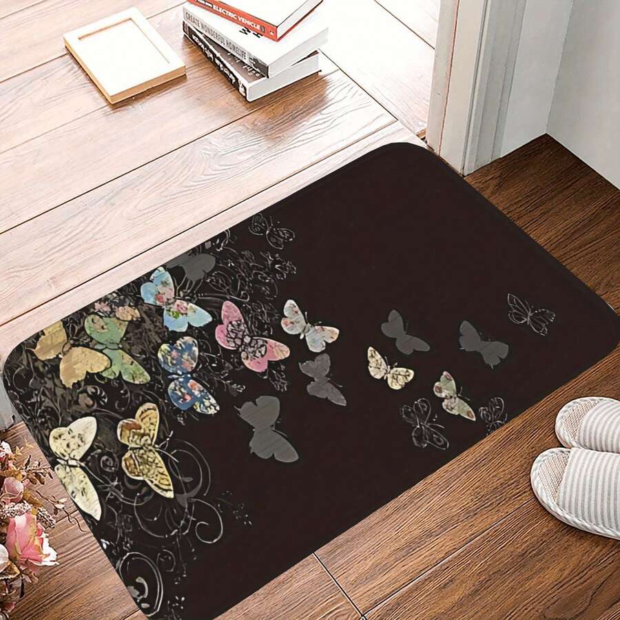 1 Doormat, High-Quality Flannel Non-Slip Carpet, Butterfly Pattern, Ideal Gift, Machine Washable Without Fading, Water-Absorbent Polyester Blend Material, Suitable For Living Room, Bathroom, Bedroom Carpet, Home Decoration, Size 15.7* 23.6inch - 彩色 - 查看 1