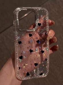 Luxury Shiny Black Heart & Star Transparent Full Coverage Phone Case, Compatible With IPhone 17, 17 Air, 17 Pro, 17 Pro Max, 16, 15, 14, 13, 12, 11 Pro Max, With Rhinestone Lens Protection, Valentine's Day Edition, Soft TPU Shock-Absorbing & Anti-Fall Protective Cover, Unisex - Clear - View 6