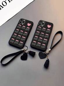 1个带装饰配件的2026年日历图案直边镂空彩绘加厚防震手机壳，新款皮革心形腕带DIY手机壳吊坠，短款腕带吊坠兼容、Galaxy和Redmi手机 - 彩色 - 查看 2