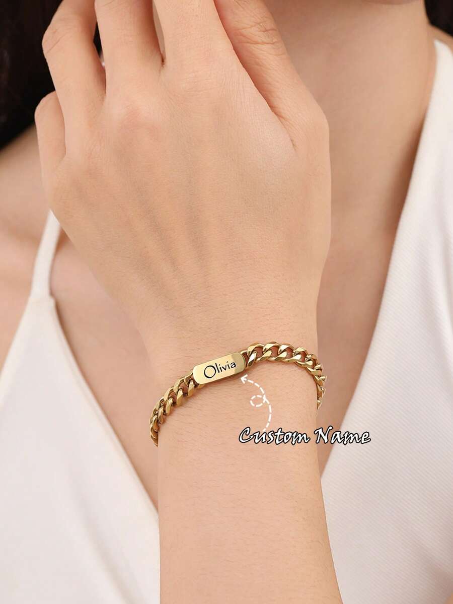 Custom Name Curb Chain Bracelet - Gold-Plated Adjustable Minimalist Personalized Jewelry - Valentine's Day / Christmas / Mother's Day / Birthday Anniversary Surprise. A Versatile Gift Blending Bohemian, Minimalist, Vintage, And Urban Styles. - Multicolor - View 1
