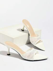 女士优雅穆勒凉鞋 - 蕾丝网面，经典尖头设计，性感收腰，宽鞋面，猫跟/细高跟/低跟，适合春夏时尚、派对、休闲、户外、旅行、职场等场合，一脚蹬，高端品质，镜面鞋面，透气蕾丝质感，简约白色鞋款 - 白色 - 查看 7