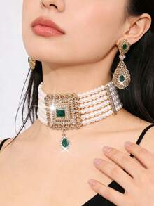 1 Set Fashion Women's Jewelry Set - Earrings & Necklace With Rhinestone Inlaid, Handmade Beaded Bohemian Style Bridal Wedding Dress Accessories, Holiday Gift