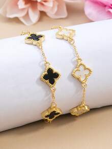 2pcs/Set Clover & Flower Pendant Delicate Luxury Women Bracelet Set - Black and White - View 1