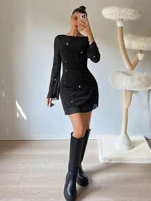 Vuslat 女士优雅亮片装饰派对迷你连衣裙，性感透视网纱闪光迷你连衣裙，新年连衣裙，感恩节服装，优雅派对连衣裙，节日连衣裙，正式服装 - 黑色 - 查看 5