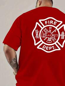 [Sporty T-Shirt]Men's Casual Fire Department Pattern T-Shirt- Bold Firefighter Print On Front And Back, Breathable Summer Short Sleeve Top, Regular Fit Round Neck, Machine Washable, Ideal Gift For Daily Comfort, Soft Texture, Printed Shirt, Adult Clothing, PLUS SIZERelaxed Plus Size T-Shirt - Đỏ - Xem 5