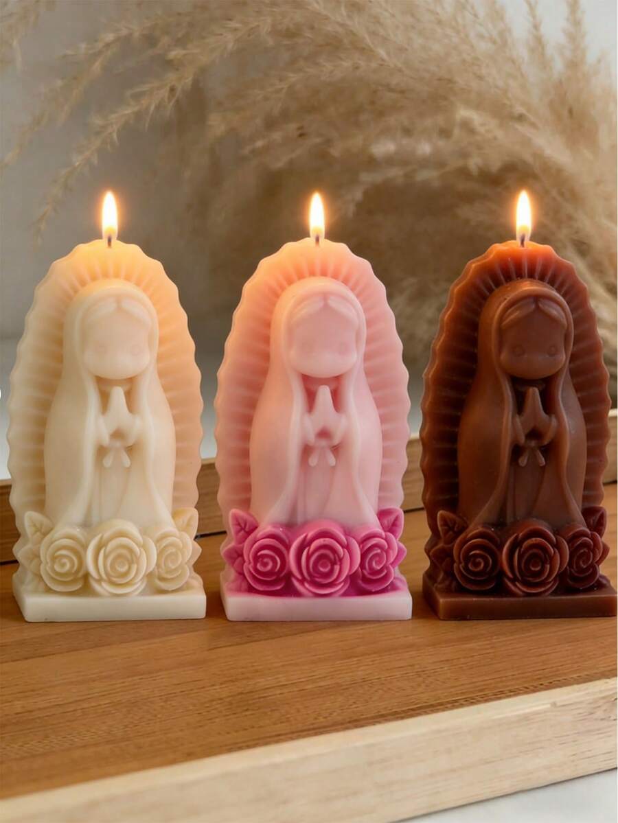 两款可爱圣母玛利亚、心形、玫瑰底座、祈祷女孩造型的扁平硅胶蜡烛模具，耐热高弹柔软硅胶材质，用途广泛——可用于制作蜡烛、石膏/绘画、捏捏乐/解压玩具、摄影背景、节日家居装饰、手工礼品等，一体成型，柔韧易清洗，可重复使用。