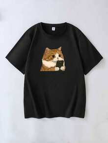 Plus Size New Summer Short-Sleeve Cat T-Shirt, Unisex, Cute Cat Design, Simple Cartoon Style, Versatile Couple - Black - View 3