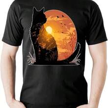 Men's Tees-Soft Fitted Cool Design Graphic T Shirt, Cat Sunset, S - Black - View 1