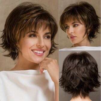 Peluca corta marrón, capas mixtas rubias con flequillo, corte pixie sintético completo para mujeres blancas, peluca de fiesta