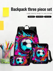 3pcs Boys' Backpack Set - Football Pattern Fabric, Large Capacity Multi-Function Zipper Closure, Casual Schoolbag, Suitable For Daily Use And Travel