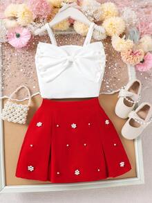 Set de 2 piezas de top de tirantes finos con lazo de cuentas y falda plisada con estampado floral, estilo dulce y versátil para niña, para verano - Beis - Ver 1