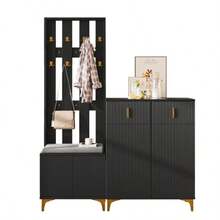 Wardrobe Set With Shoe Bench And Cushion, Wardrobe Front With Hooks, Shoe Cabinet With Drawers And Doors - 黑色 - 查看 1