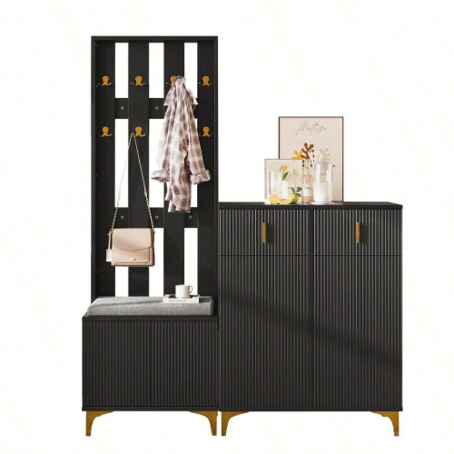 Wardrobe Set With Shoe Bench And Cushion, Wardrobe Front With Hooks, Shoe Cabinet With Drawers And Doors - 黑色 - 查看 1