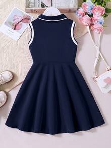 Vestido casual de manga corta con cuello polo y estampado para niñas - azul real - Ver 2