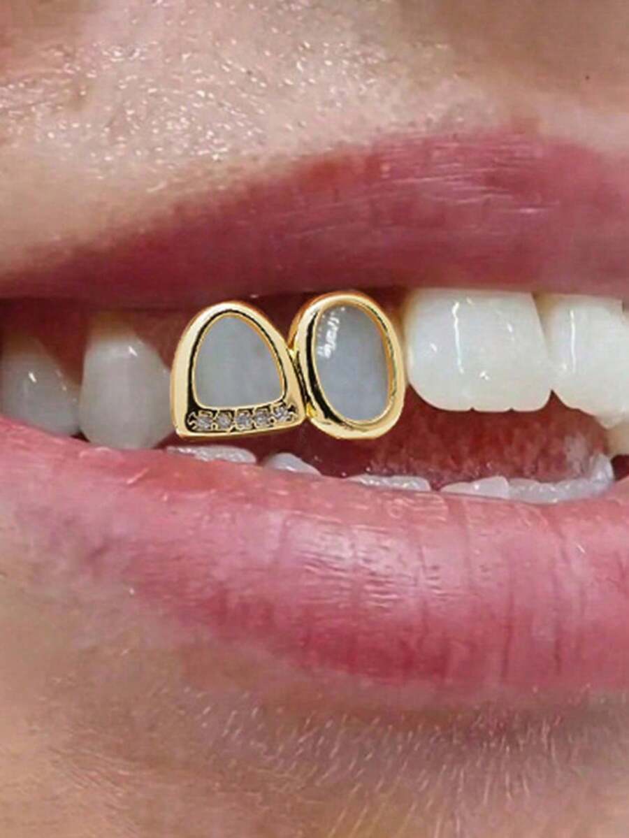 2026 New Collection Of Fine Jewelry2pcs/Set Hip-Hop Hollow Out Heart Stick Diamond Double Tooth Set, Daily Street Fashion Cool Smooth Gold Teeth - Vàng-6 - Xem 1