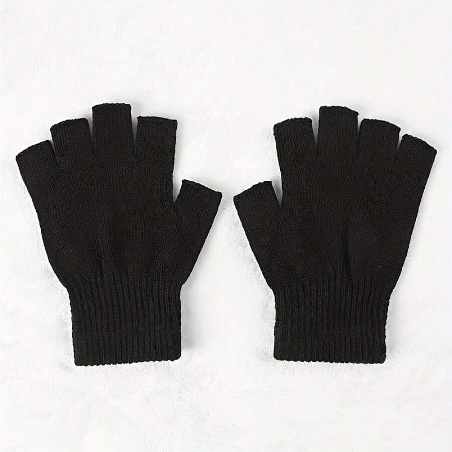 Black Half-Finger High Elastic Thin Student Writing Cold-Proof Fingerless Gloves - 黑色半指一雙 - 查看 1