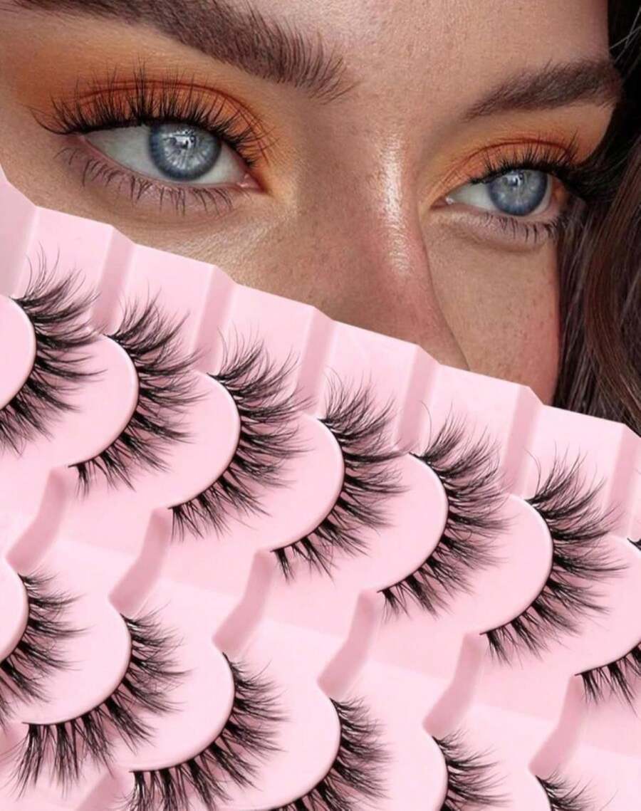 ENFOO Lashes Natural Wispy Strip Eyelashes Natural Look Flared False Eye Lashes Soft Lash Fluffy Cat Eyelash 7 Pairs Everyday D05 - ColorE - 查看 1