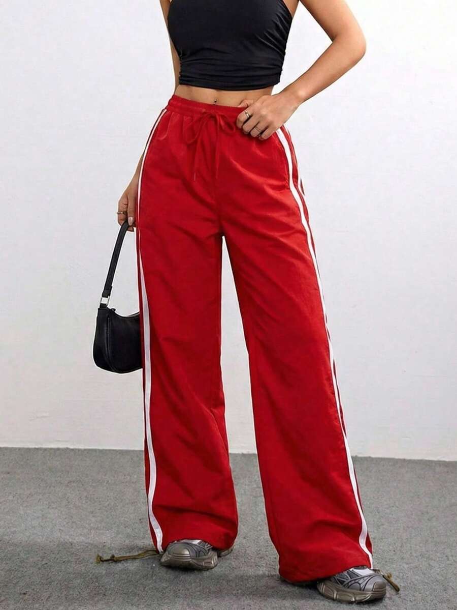 Vacation Outfits Women Red Side-Stripe Wide Leg Track Pants, Summer Casual Streetwear Pants - 紅色 - 查看 1