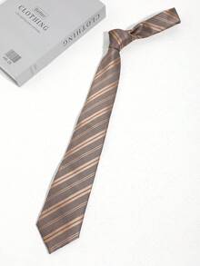 1条男士休闲时尚纯色棕色条纹图案领带，简约风格，适合商务、学校和日常穿着。 - A - 查看 2