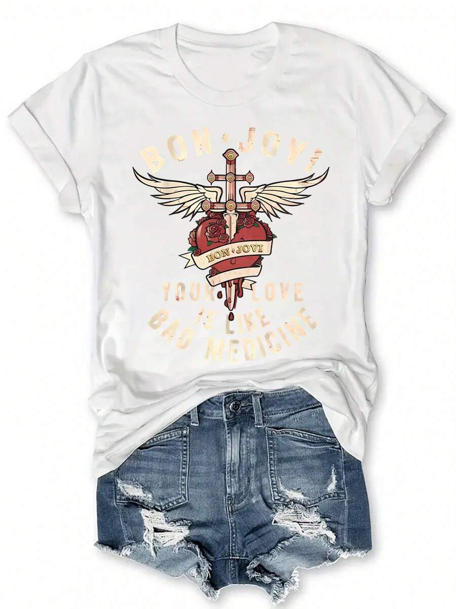BON JOVI Band Printed Spring/Summer Casual Short-Sleeved Crew Neck T-Shirt, Casual Women's Wear  Fashion Simple T-Shirt For Women - 白色 - 查看 1