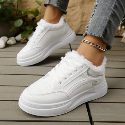 Zapatos Blancos Cálidos de Talla Grande para Mujeres 2025 Otoño Casual Zapatillas Blancas con Forro de Felpa y Cordones Frontales