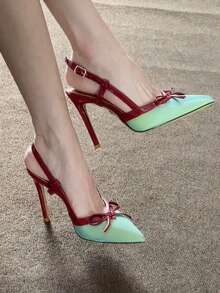 Fall/Winter French Elegant Bowknot High Heel Shoes For Women, Pointed Toe Thin Heel Sexy Fairy Style Buckle Satin Closed Toe Sandals Valentines, Elegant, Party,Stiletto Heels - Green - View 8