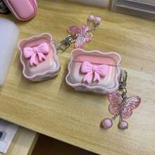 可爱粉色 3D 蝴蝶结挂链耳机盒 适用于 Apple 1/2、Pro、3、Pro 2、4