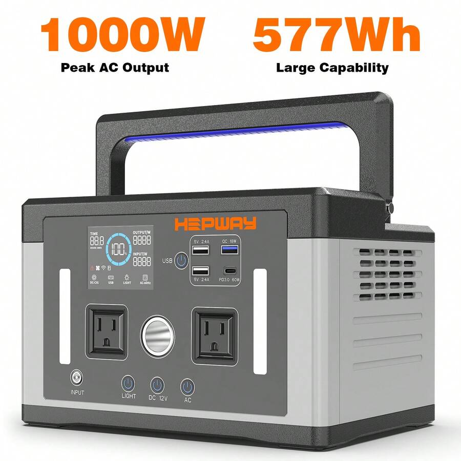 Hepway 1000W Portable Power Station 577Wh Solar Generator Large Capacity Travel Essential Portable Charger 12lb Light With BMS Automotive Grade Lithium Battery, Power Bank With 200W Solar Panel Charging, 2x 120V Pure Sine Wave AC Outlets 700W, PD 60W USB-C Charging Station For Gifts For Men/Women, RV, Emergency Home Use, Fishing, Camping Gear - 黑色 - 查看 1