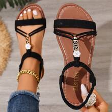 Women's Beaded Flat Sandals, Round Toe Thin Strap, Fashionable Bohemian Style, Black, New For Summer 2026 - Black - View 8