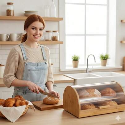 35 cm bambusowy pojemnik na chleb z rolowaną pokrywką – pojemnik do przechowywania żywności na blacie kuchennym, na bochenki chleba, bajgle i ciastka – nowoczesny organizer do piekarni przezroczysty