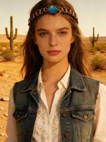 1PC Cowboy Hat Bands Western Hat Belts Hairbands Headband For Cowboy Accessories Beaded Hatbands For Women Cowgirl Men Hair Accessories Women Hair Band Women Head Scarf Work Out Sweatband - Multicolor - View 2