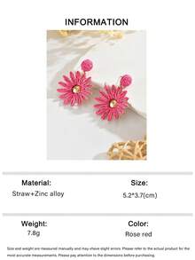 1 Pair Unique Vacation Style Versatile Summer Handmade Raffia Sunflower Earrings, Charming Fashion Personalized Handwoven Raffia Pink Flower Pendant Earrings Suitable For Women's Daily, Party, And Holiday Wear - Hot Pink - View 6
