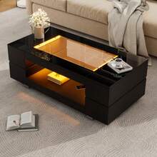 Black LED Coffee Table With Bluetooth App Control, Double-Layer High-Brightness Hollow Design Table, Suitable For Parties, Offices, Living Rooms - Black - View 4