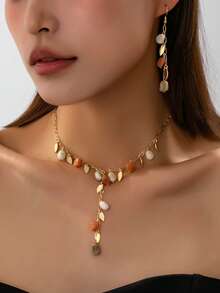 一套波西米亚风几何叶子金属片和亚克力珠吊坠Y型项链和耳环首饰套装，女士休闲假日派对服饰 - 彩色 - 查看 4