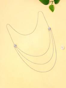 1pc Multi-Layer Zirconia Backless Body Chain Necklace, Sexy & Fashionable For Evening Gowns - Silver - View 4