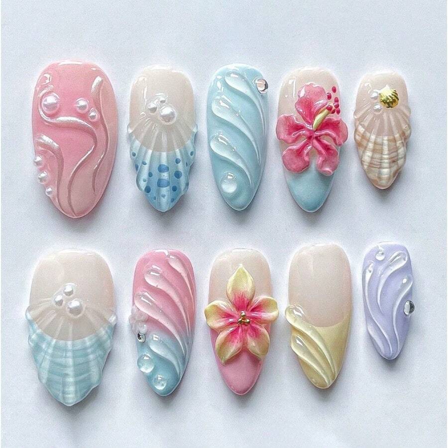 Haibei 3D Epoxy Three-Dimensional Carving Gradual Change Nail Art Small Fresh Dopamine Flower With Drill Ins Wear Nail - Z115 - 24 miếng/hộp [Gel dẻo + Miếng dán định hình] - Xem 1