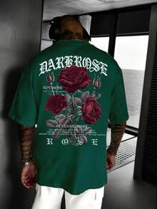 Zrgoth Men's Casual Versatile Rose Flower Print Short Sleeve T-Shirt - Dark Green - View 2