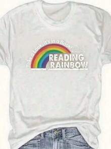 Women's T-Shirt Fitted Tops Print Y2K Crew Neck Tee-Plus Size - Women'S Red T-Shirt - Reading Rainbow Graphic Tee With Book Design - Casual Everyday Shirt For Teachers, Book Lovers - Valentine'S Day & Back To Outfits - Soft Everyday Top, Teacher Apparel, Playful Design, Comfortable Fit-Summer Festival Fashion, Adult Heavyweight T-Shirt - 白色 - 查看 3